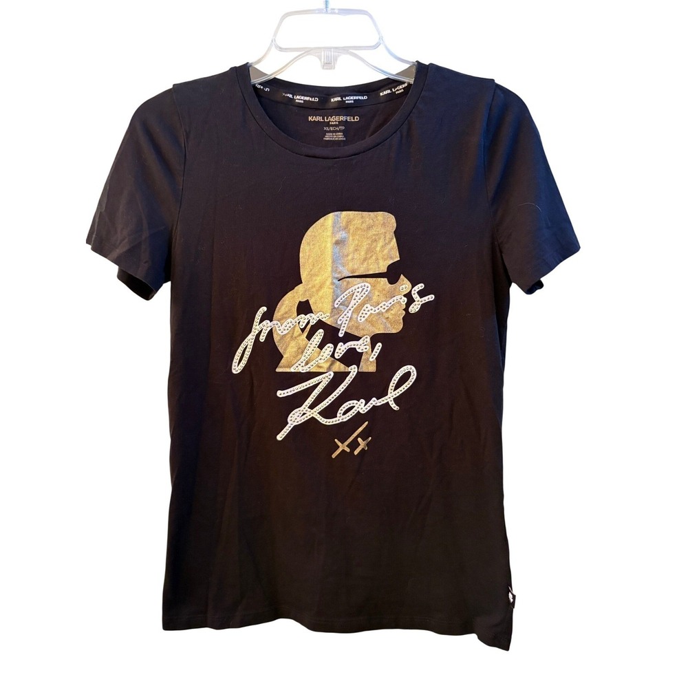Karl Lagerfeld Paris Womens Black Gold‎ Foil Rhinestone Love Karl T-Shirt XS